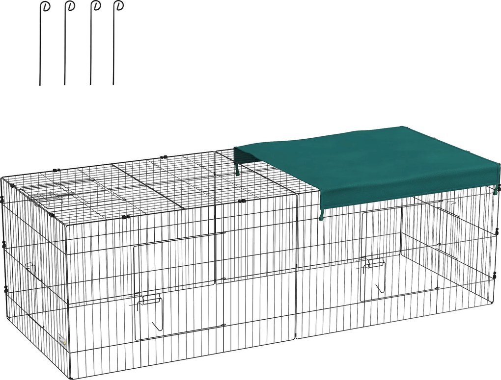 PawHut Moduláris Acél Kifutó Fedéllel Nyulaknak, Rágcsálóknak és Kiskedvenceknek, Beltéri és Kültéri Használatra - 220L x 85W x 70H cm - Zöld | Aosom