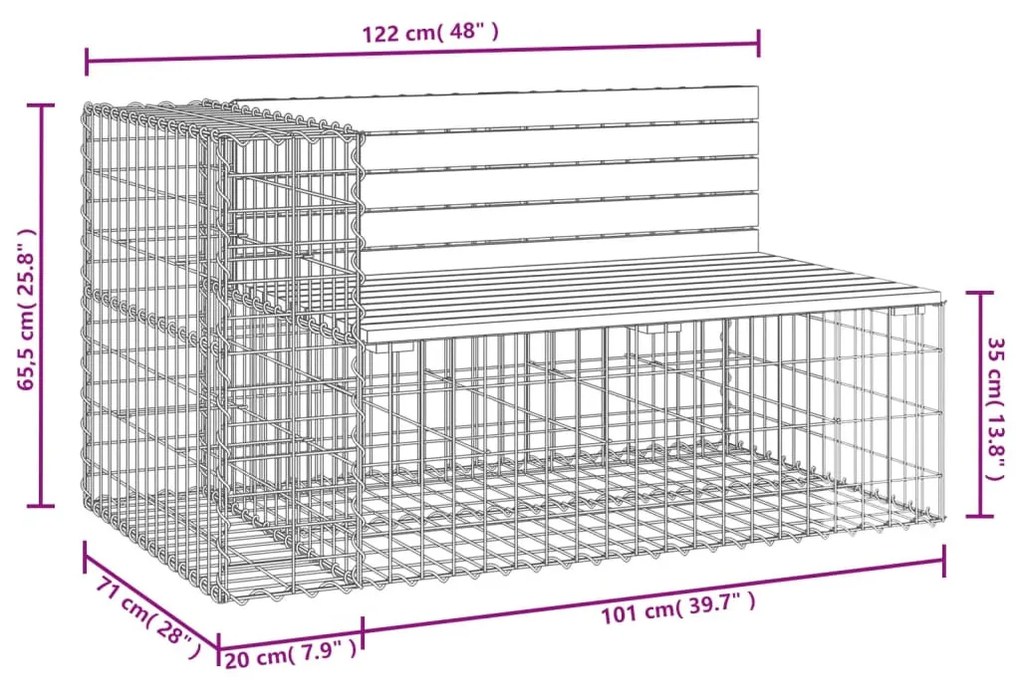 tömör impregnált fenyőfa gabion kerti pad 122x71x65,5 cm