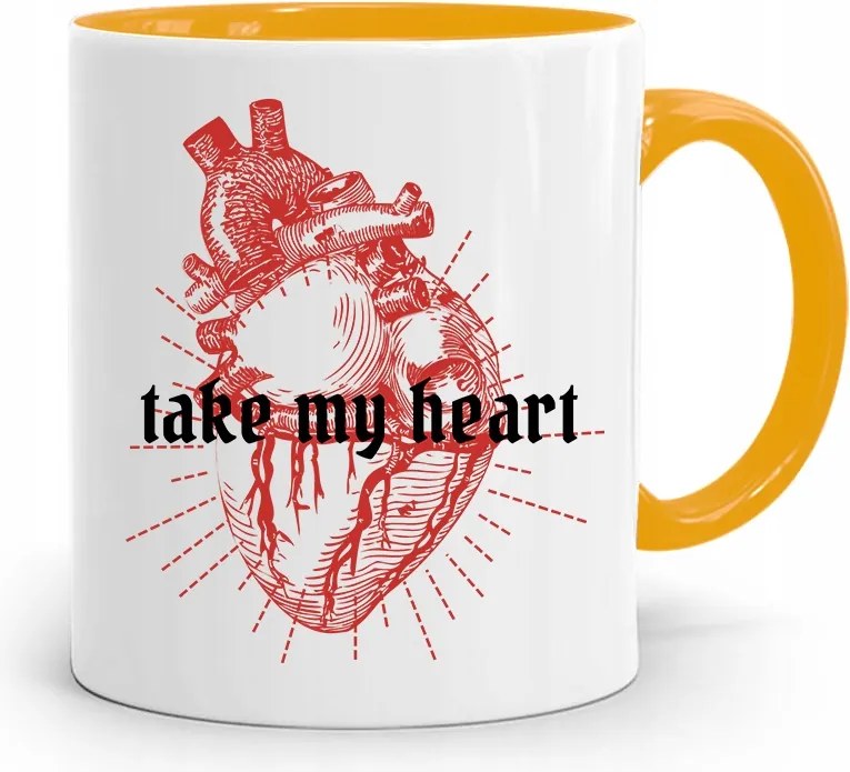 Sárga Bögre Valentin Napra Take My Heaty Ajándék fényképes nyomattal