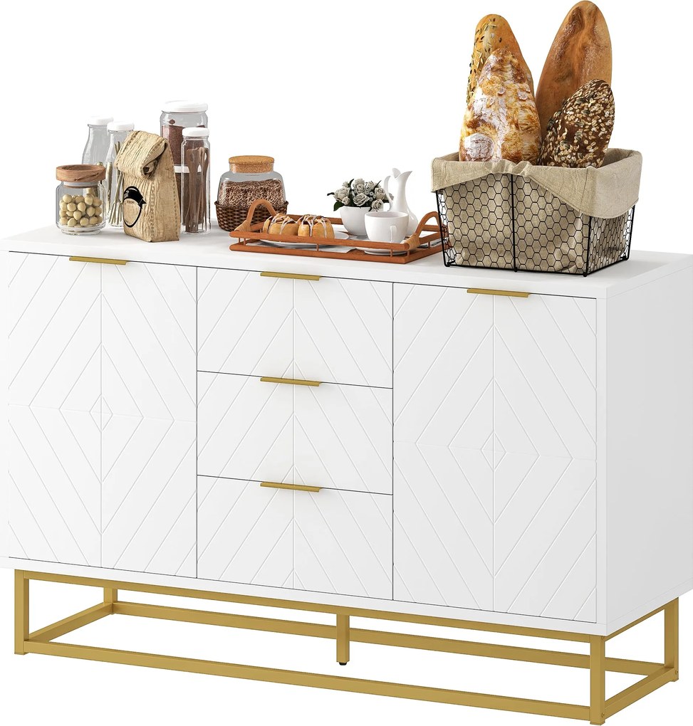 HOMCOM Modern Félfiókos Szekrény 3 Fiókkal, 2 Ajtóval és Állítható Polccal Élőszobához, Konyhához | Antibiztosító 120x40x76 cm Fehér | Aosom