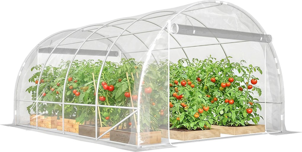 Outsunny 3×4×2 m alagút üvegház 2 feltekerhető ajtóval — acélváz, UV-álló PE takaró, 4 átlós merevítő, átlátszó | Aosom