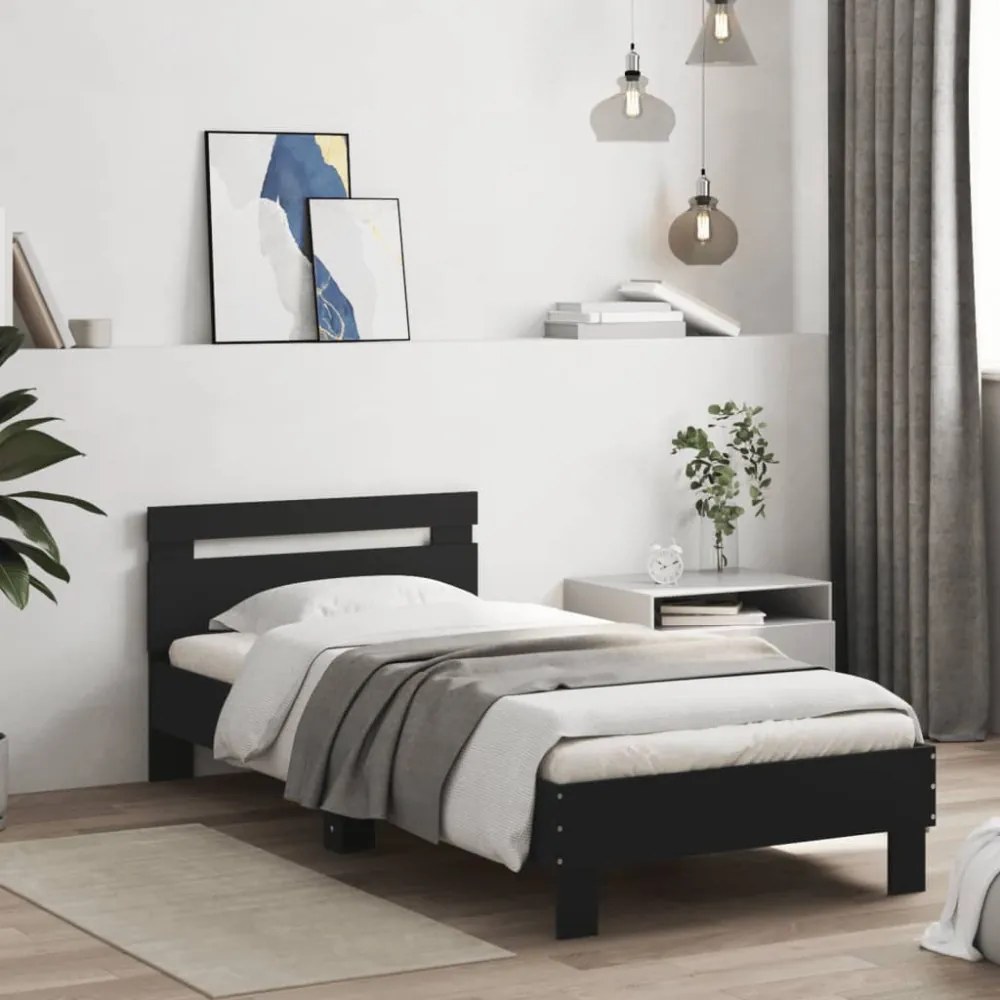 fekete szerelt fa ágykeret fejtámlával 90 x 190 cm