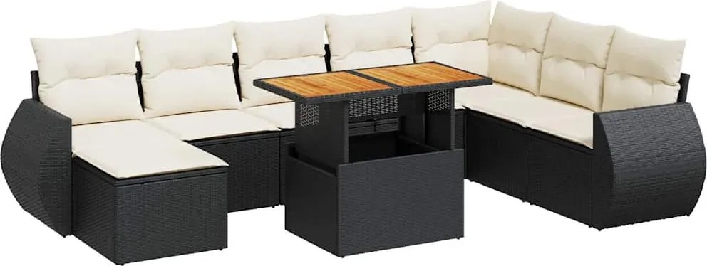 vidaXL 9 részes fekete polyrattan kerti ülőgarnitúra párnákkal
