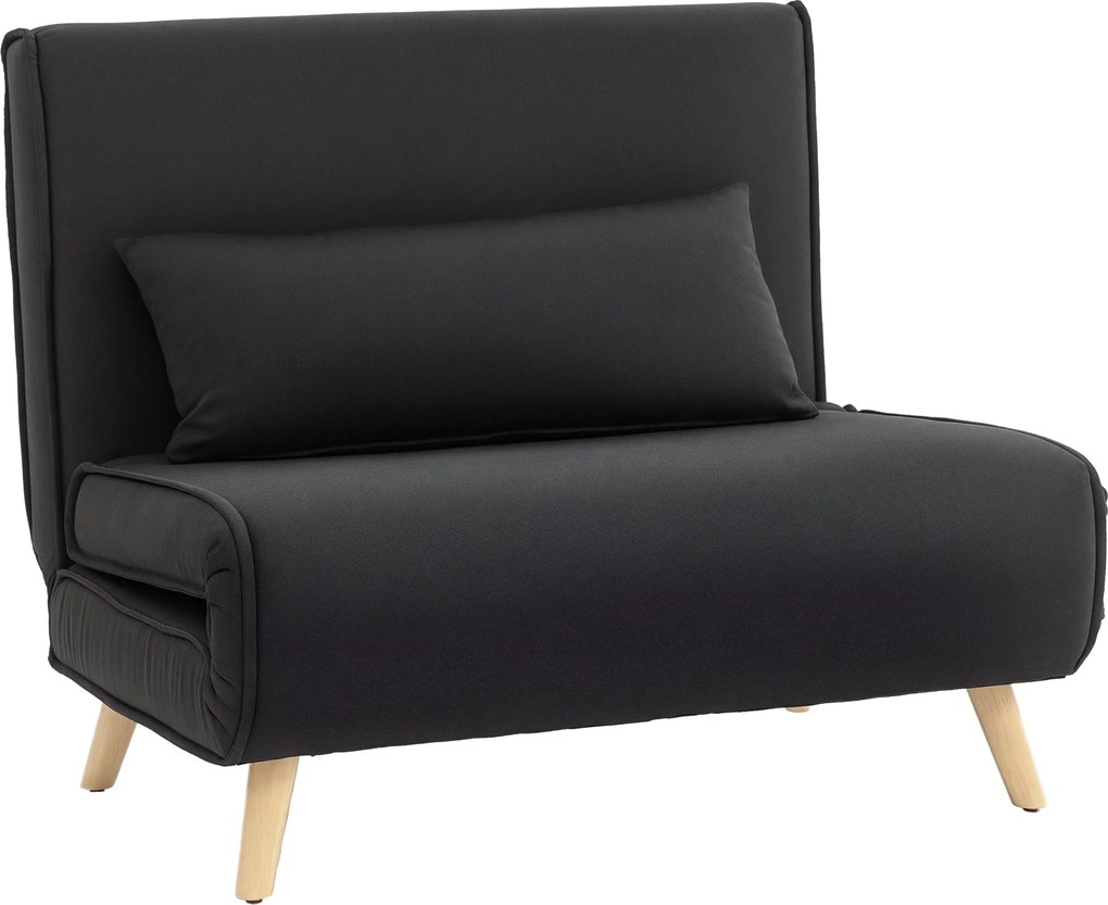 HOMCOM Egyszemélyes Ágyazható Kanapé, Összecsukható, Állítható Dőlésszögű Háttámlával, Skandináv Stílusú, 25D Hab, Lenhatású Szövet, Fenyő Fa, Fekete,