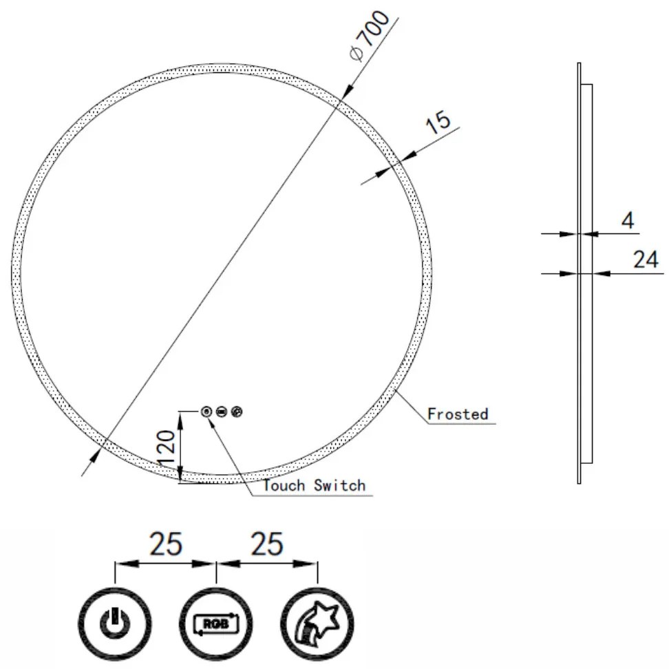 Kerek LED tükör Ø70cm Welland Alpha | Fehér és színes háttérvilágítás - RGB funkciók