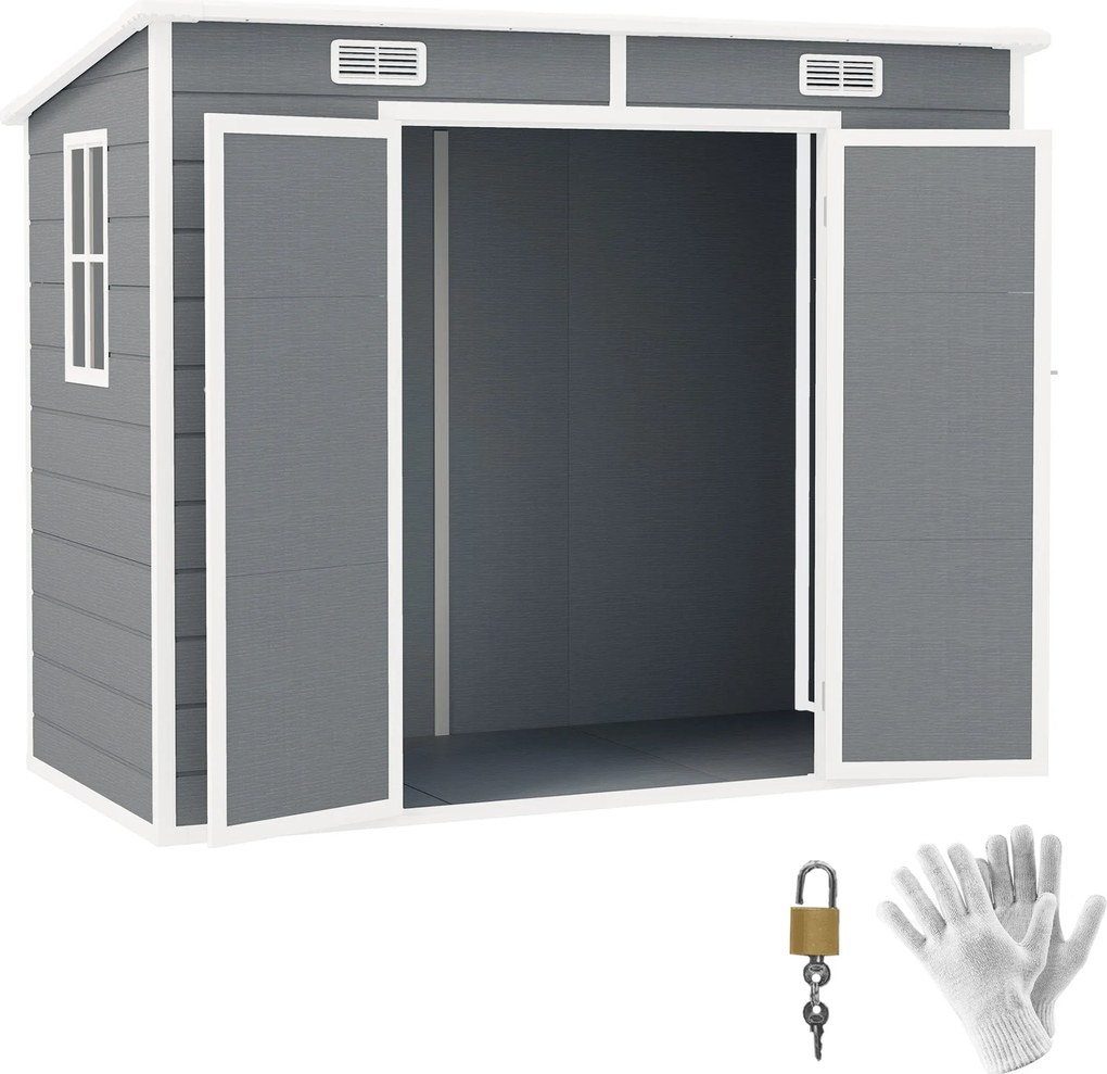 Outsunny 2,54 m²-es Szerszámtároló, Vízálló Kertesház, Penta Tetővel, 238x125x183/165 cm, Kulcsra Zárható Ajtós Szerszámtároló, Ablakos Kerékpártároló