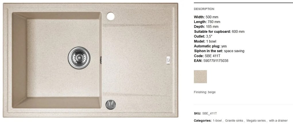 LAVEO Megalo, konyhai mosogató 790x490x230 mm + mosogató csaptelep BKZ468K, bézs, SBEA411T