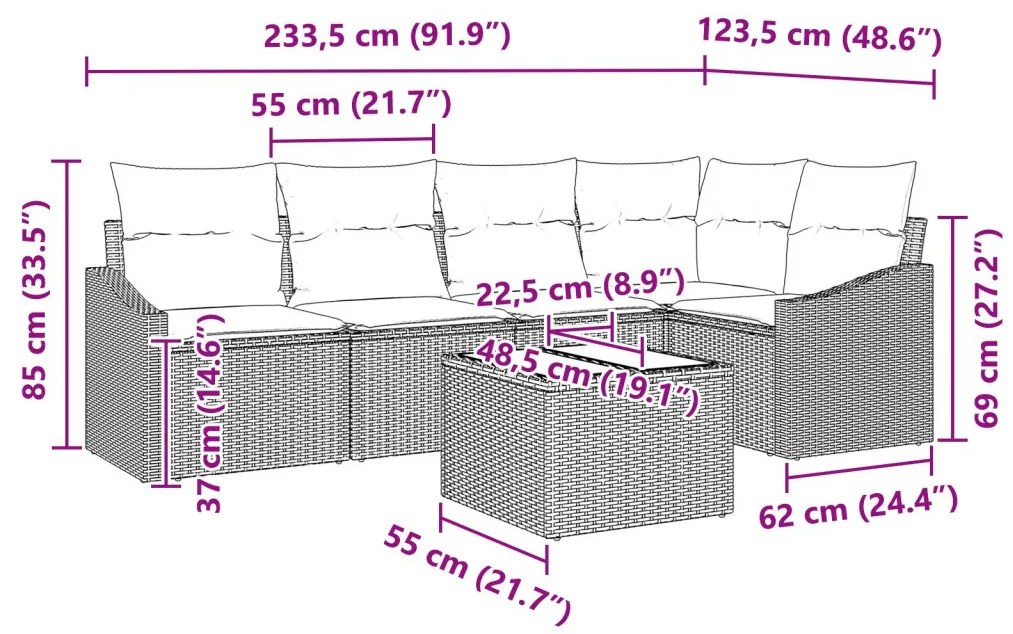 Kerti Kanapé Szett 6 db Fekete Rattan, Acél Váz