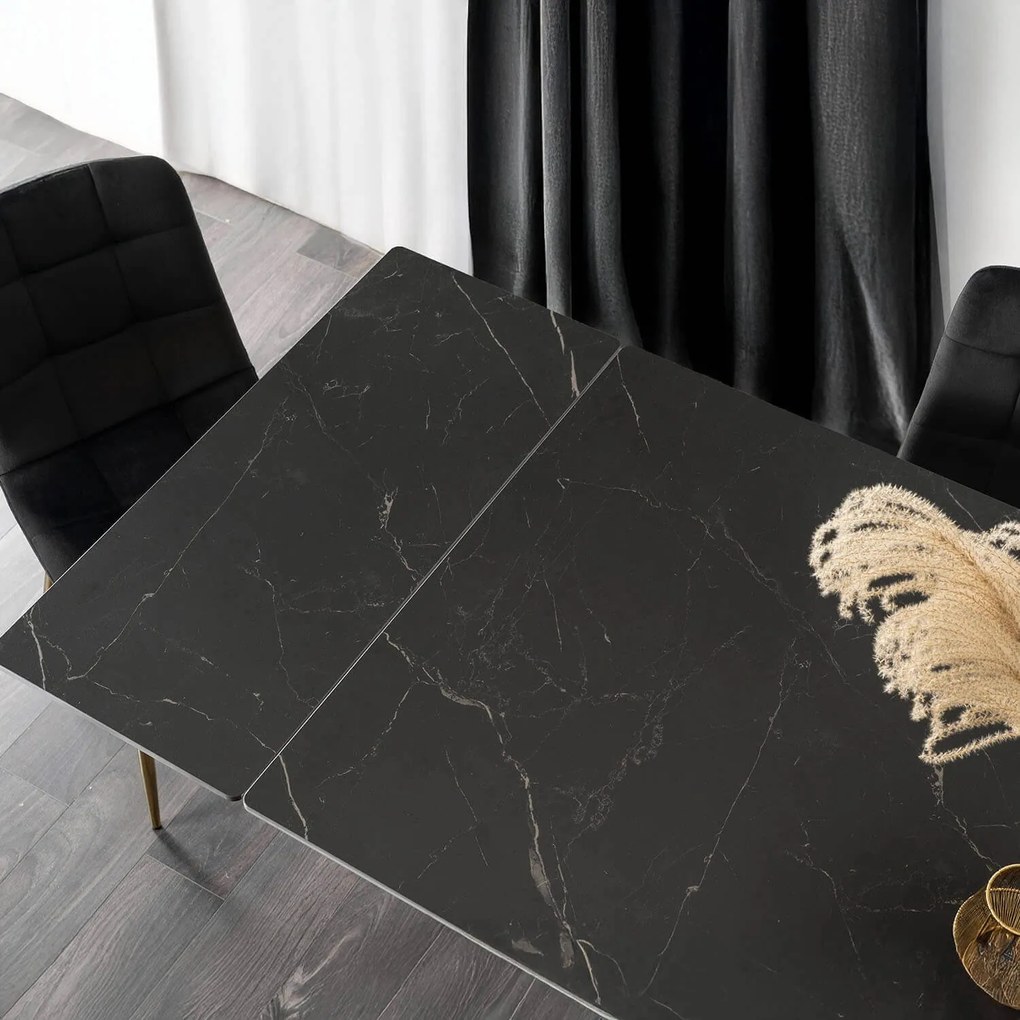 Fekete Márványhatású Bővíthető Kerámia Asztal Arany Lábbal. LUIGI 160-240 cm