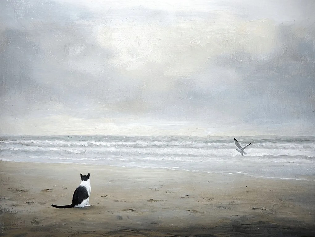 Vászonkép Canvas Tájkép Tenger Tengerpart Hullámok Macska Sirály Szürke 100x75