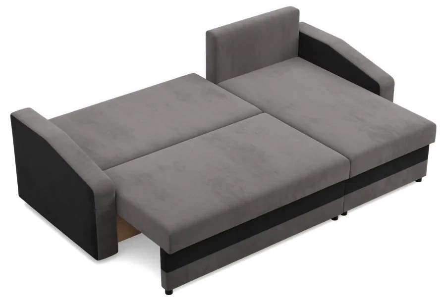 Hewlet sarokkanapé, 2 ágyneműtartóval, szövet anyag, univerzális oldal, hab töltet, szürke - fekete