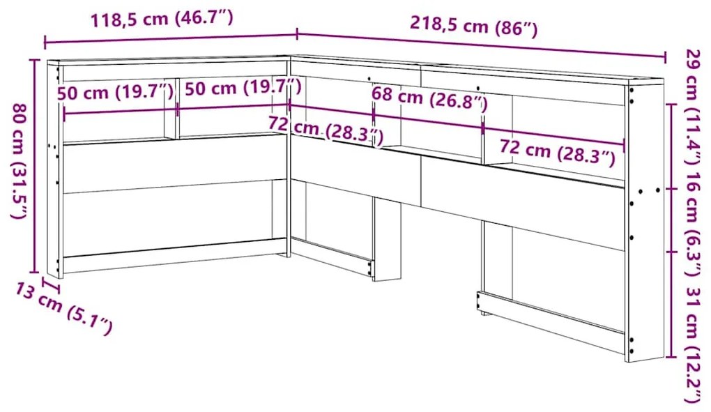 Könyvespolc fejtámla L-alakú viaszbarna 100 cm tömör fa fenyőfa