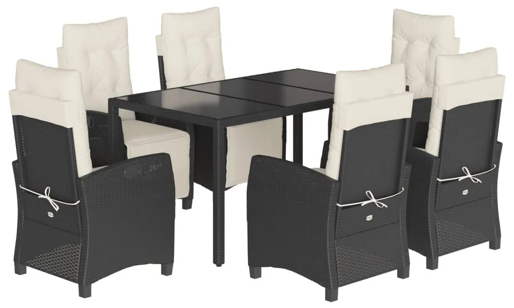 7 részes fekete polyrattan kerti étkezőgarnitúra párnával
