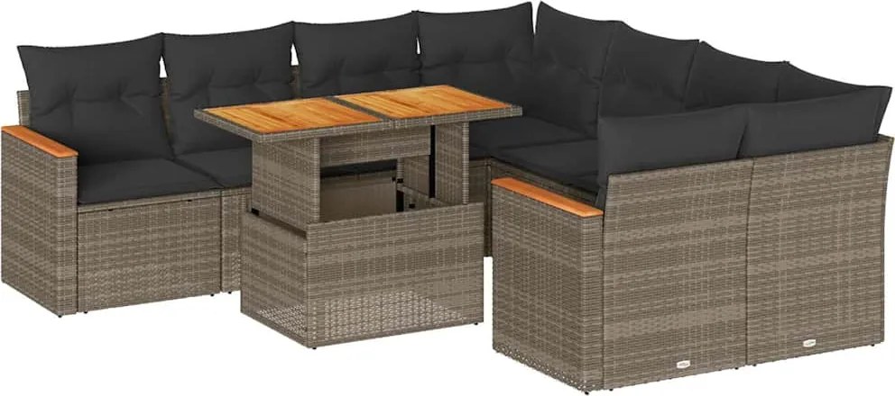 vidaXL 9 részes szürke polyrattan akácfa kerti ülőgarnitúra párnákkal