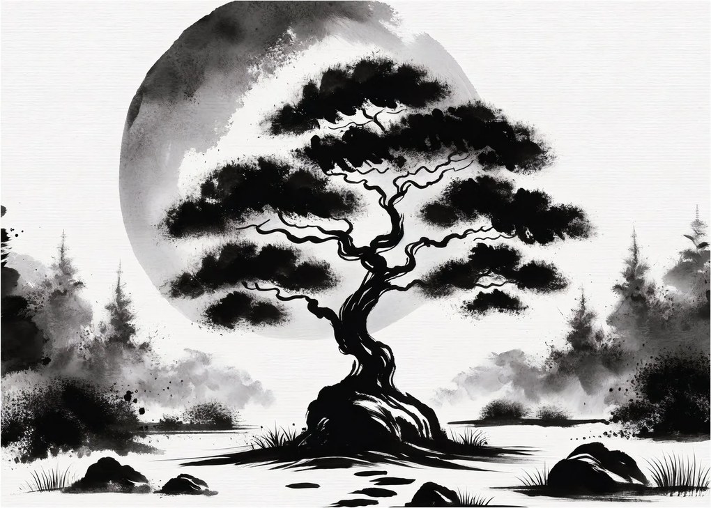 Kép – Fekete-fehér bonsai (70x50 cm)