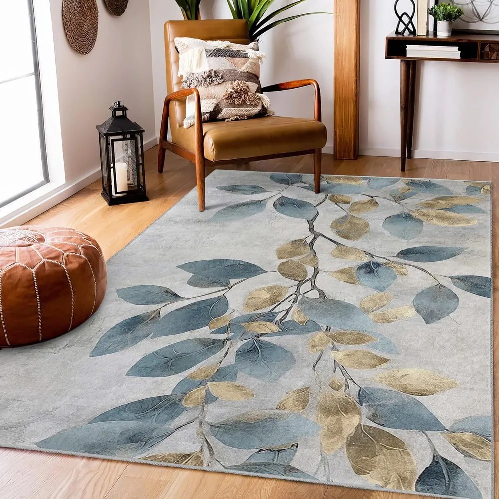 Világoskék-aranyszínű mosható szőnyeg 80x150 cm Golden Leaves – Mila Home