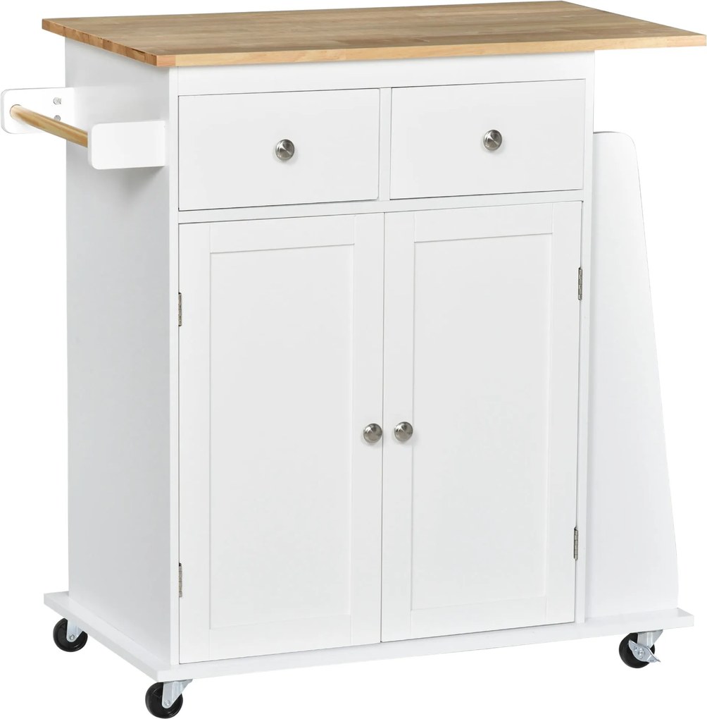 HOMCOM Konyhai Kocsi Kerekekkel, Szolgáló Trolley 2 Fiókkal, Tárolószekrénnyel, Állítható Belső Polccal, 3 Fűszerrel és Akasztóval 89x45x89.5 cm Fehér