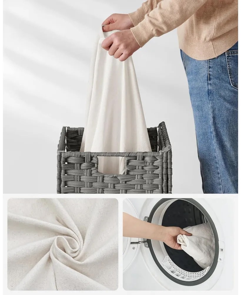 Kézzel fonott rattan szennyeskosár, összecsukható, kivehető zsákkal 90L, szürke