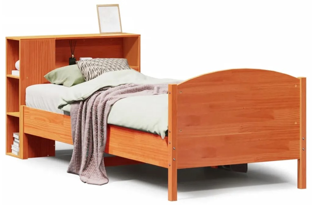 barna tömör fenyőfa könyvespolcos ágy matrac nélkül 75 x 190 cm