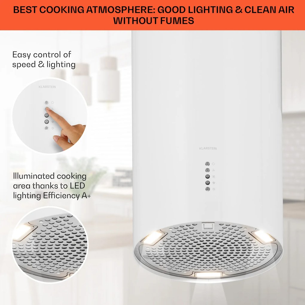 Klarstein Bolea, sziget páraelszívó, Ø 38 cm, recirkulációs/elszívás üzemmód, 600 m³/ó, LED, aktívszén szűrőkkel