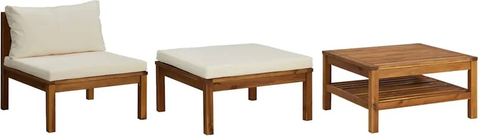 vidaXL 3 részes akácfa kerti ülőgarnitúra krémfehér párnákkal