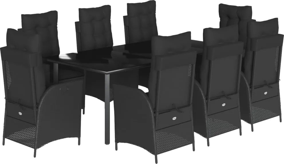 vidaXL 9 részes fekete polyrattan kerti étkezőgarnitúra párnákkal