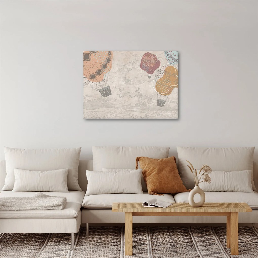 Kép - léggömbök a város felett , meleg tónusok (70x50 cm)