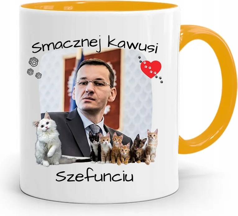 Sárga Politikus Bögre Mateusz Morawiecki Miniszterelnök fényképes nyomtatással