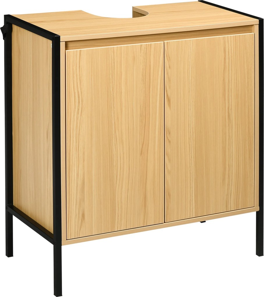 Kleankin Tölgy Fa Fürdőszobai Mosdókagyló Alatti Szekrény 2 Ajtóval és Állítható Belső Polccal, Ipari Stílusú, 60x30x65.2 cm | Aosom