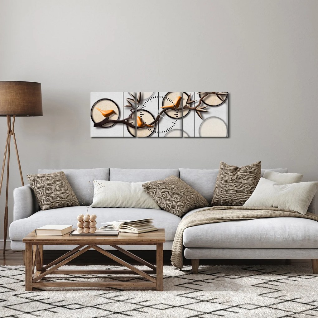 Művészi kép - Madarak egy ágon (órával) (90x30 cm)