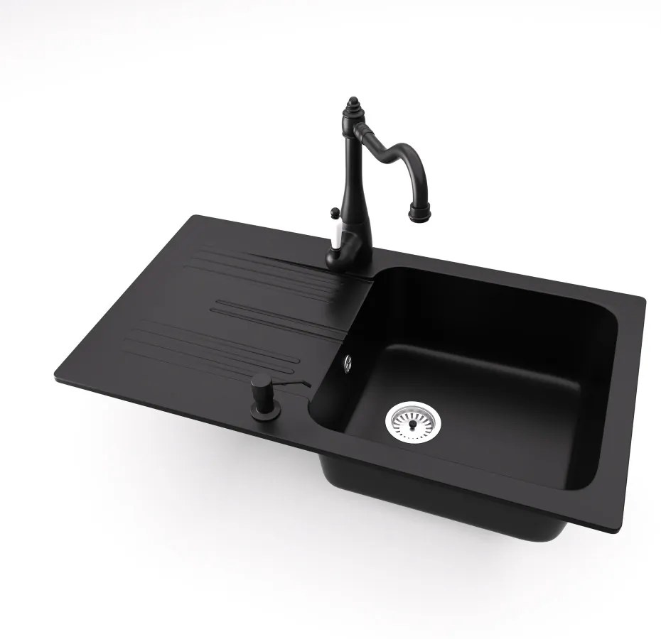 Gránit mosogató NERO Malta + rusztikus csaptelep + adagoló (matt fekete)