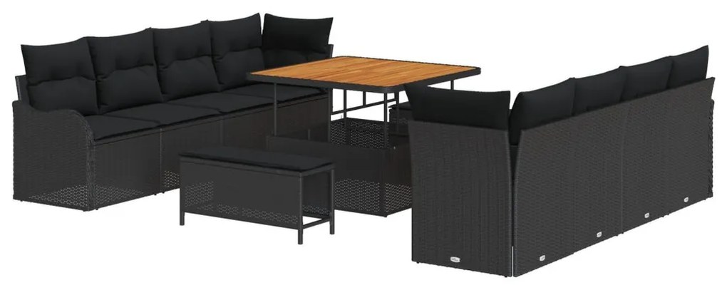 11 Darabos Kerti Kanapé Szett Párnákkal - Fekete Poli Rattan Akácia, 2-Fős Kerti Kanapé Tárolóval és Párnákkal - Fekete Poli Rattan, 3 Darabos Kerti Étkezőszett Párnákkal - Fekete Poli Rattan Akácia