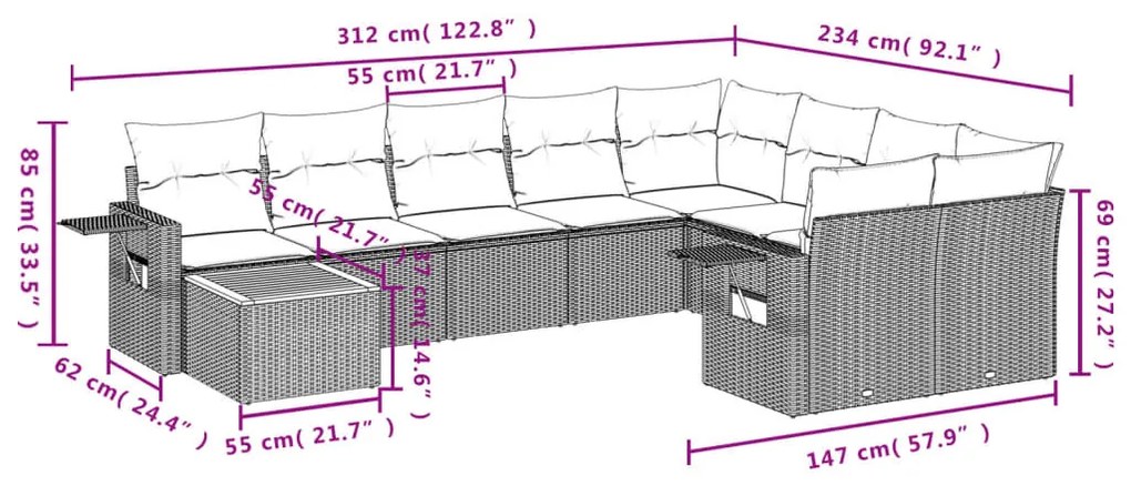 10 részes fekete polyrattan kerti ülőgarnitúra párnákkal