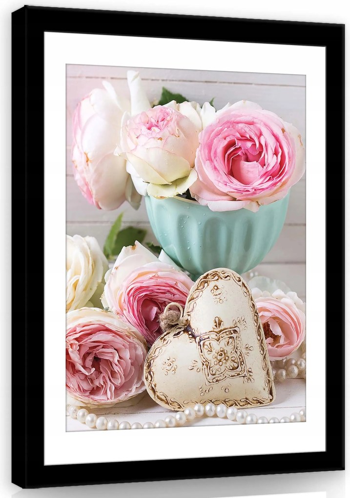 Vászonkép 50x70 Rózsa rózsaszín fehér szív gyöngy váza csendélet
