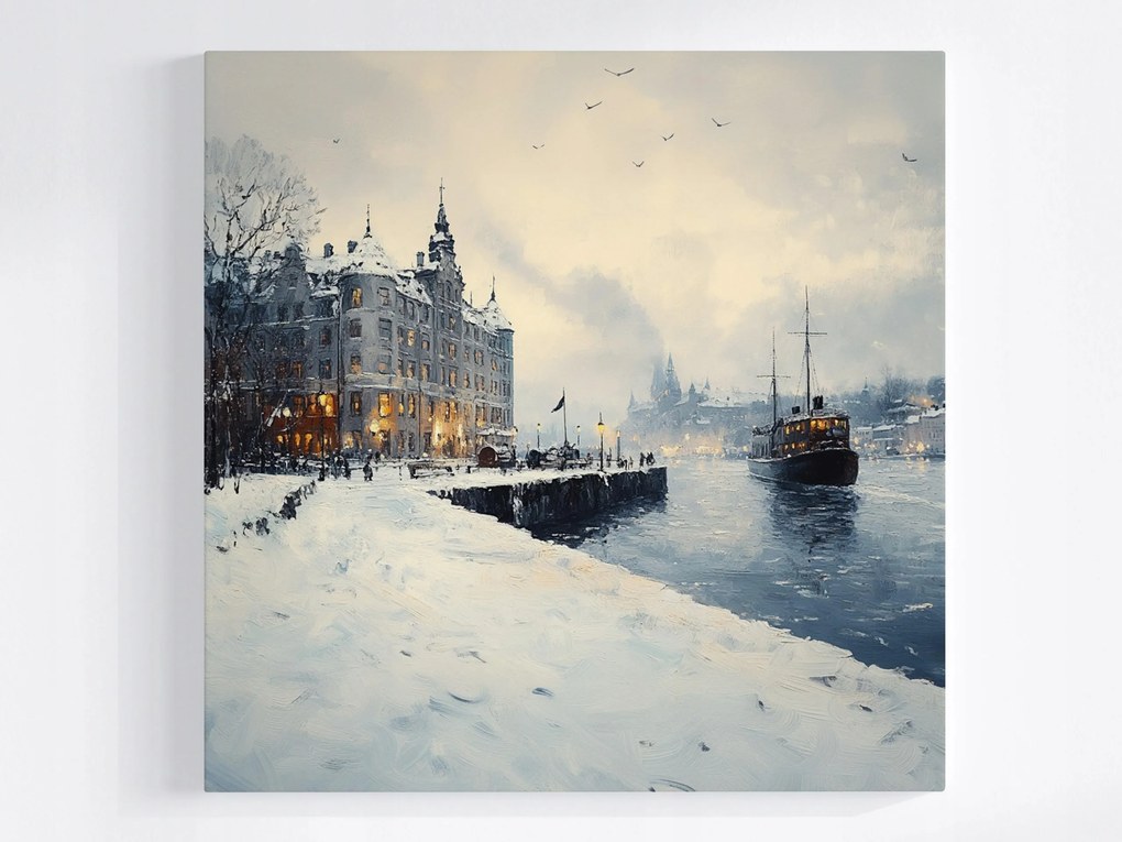 Vászonkép Canvas Város Kikötő Vízpart Hajó Tél Hó Fagy 40x40