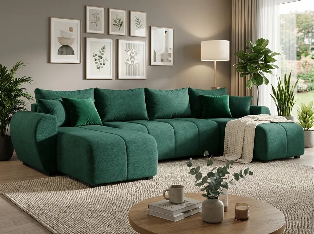 SEVIO U alakú kihúzható ülőgarnitúra, 311x145 cm, palackzöld + 2 párna INGYEN