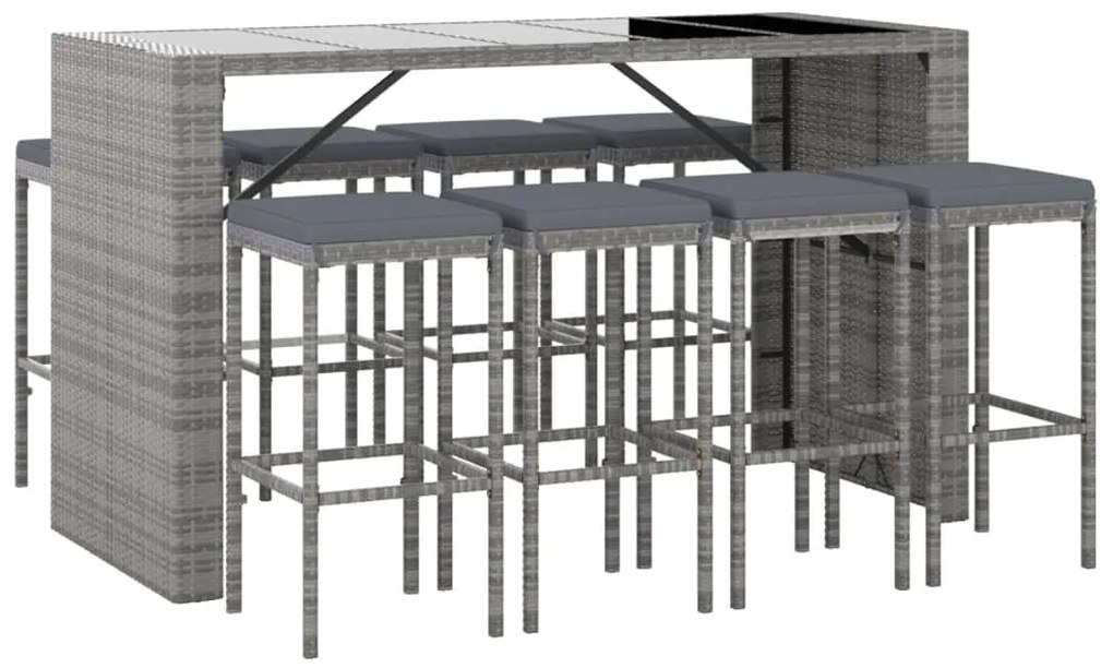9 részes szürke polyrattan kerti bárszett párnával