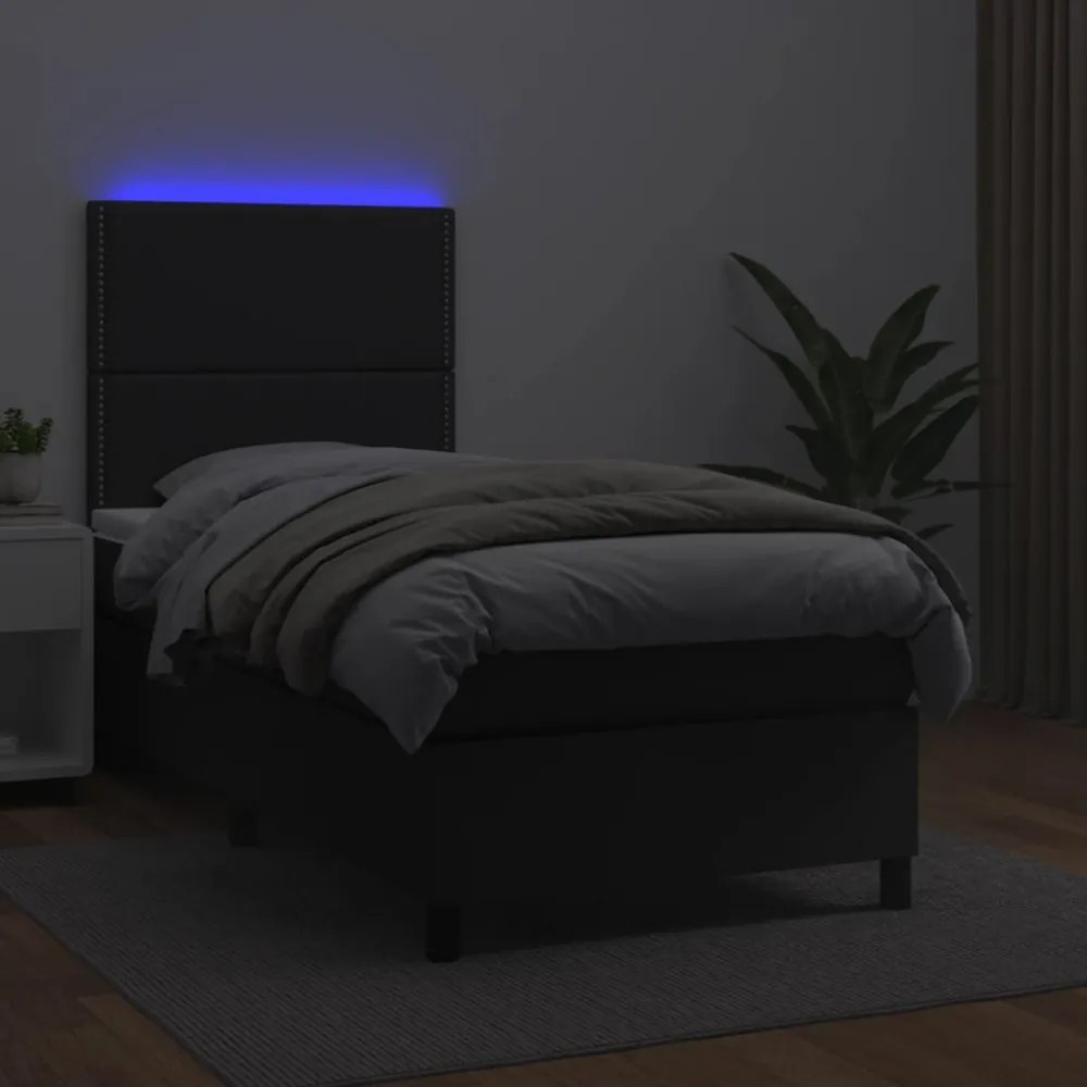 fekete műbőr rugós ágy matraccal és LED-del 80 x 200 cm