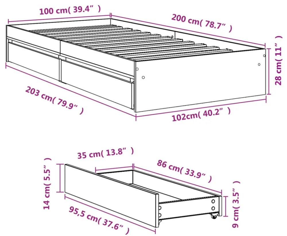 sonoma tölgy színű szerelt fa ágykeret fiókokkal 100 x 200 cm