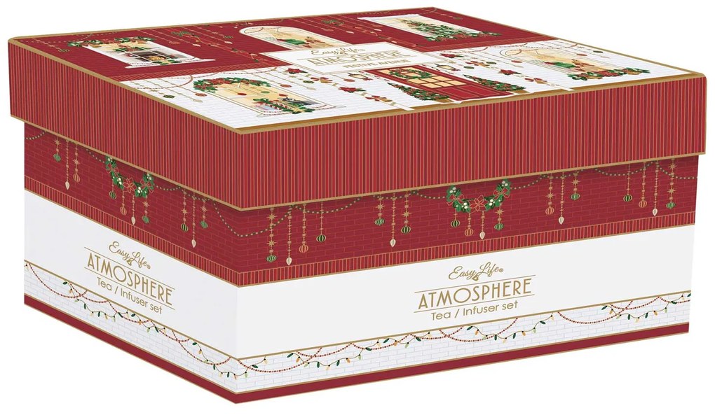 Karácsonyi porcelán ajándék szett teáskanna fém szűrővel 2 porcelán pohárral díszdobozban Festive Avenue