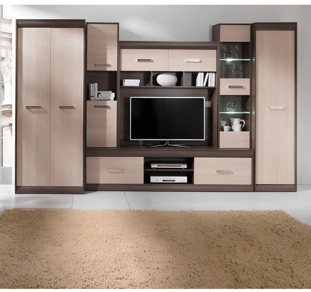 Nappali szekrénysor, DTD/MDF, világos tölgy/sötét tölgy, KORINA