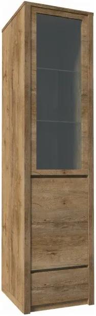 Vitrín szekrény 1- kihúzható fiókkal és osztot ajtóval-teljessen üvegezett, tölgyfa lefkas, MONTANA W1D