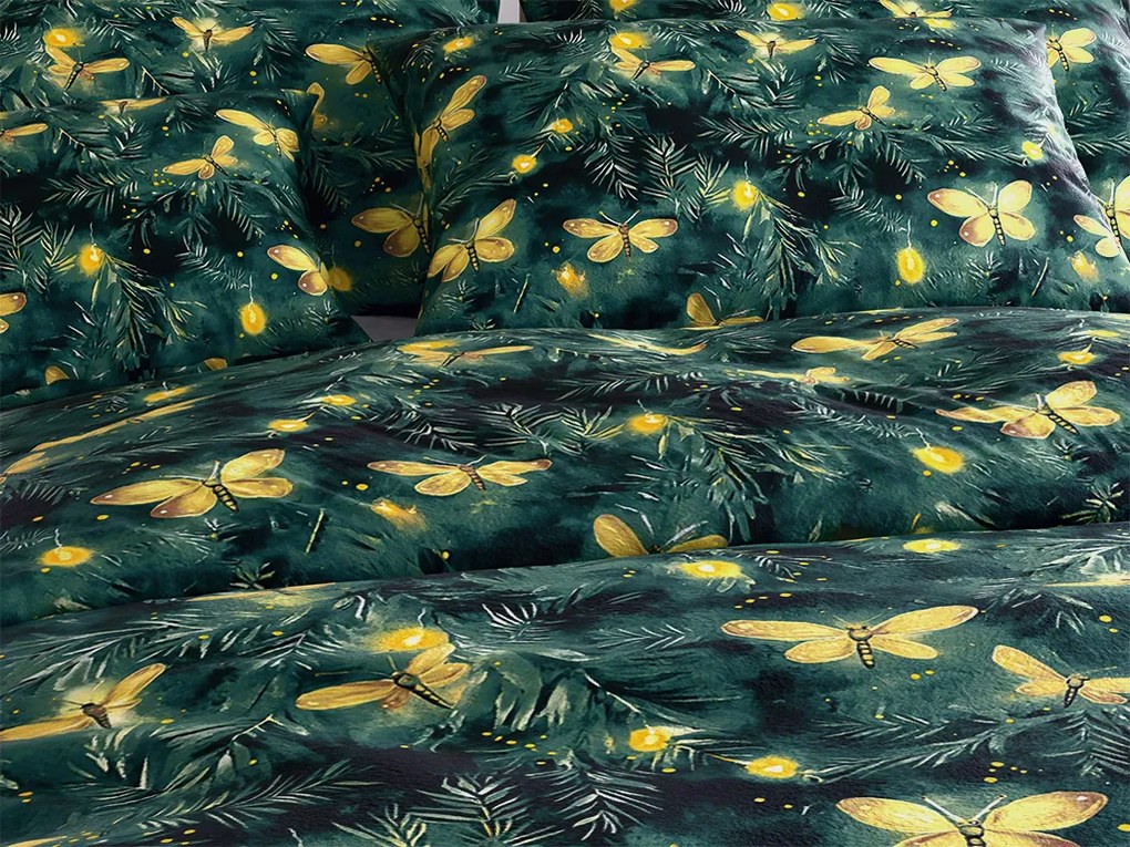 Mikroplüss ágyneműhuzat szett YELLOW BUTTERFLY sötétzöld + mikroplüss lepedő SOFT 180x200 cm fehér, franciaágy