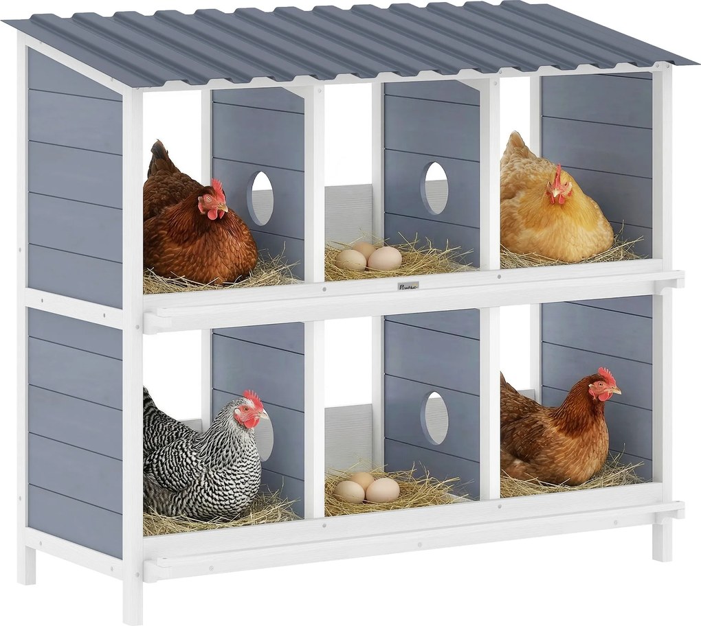 PawHut emelt fa tyúkfészek – 6 rekesz, 4 ülőrúd, 102 × 50 × 91 cm, szürke | Aosom