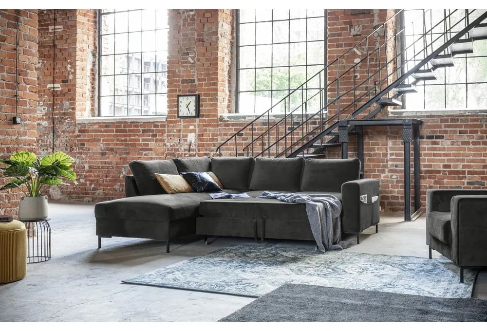 Sötétszürke bársony kinyitható sarokkanapé (bal oldali) Lofty Lilly – Miuform