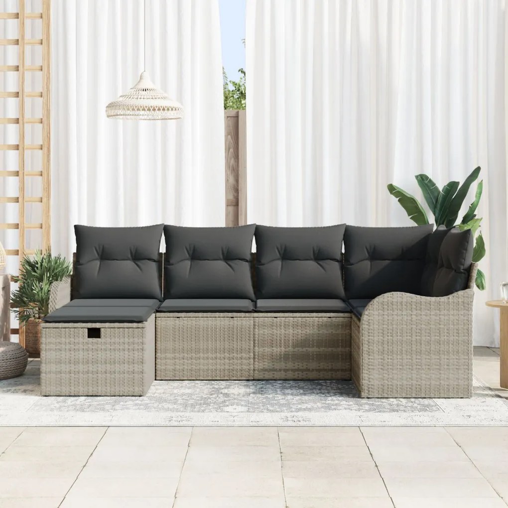 6 darabos kertibútor szett párnákkal, világosszürke poli rattan, 2 személyes kertibútor párnákkal, világosszürke poli rattan