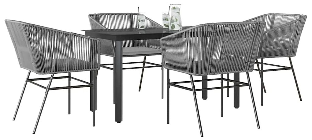vidaXL 5 részes szürke polyrattan üveg kerti étkezőgarnitúra párnával