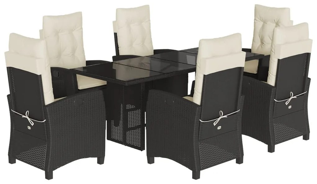 7 részes fekete polyrattan kerti étkezőgarnitúra párnával