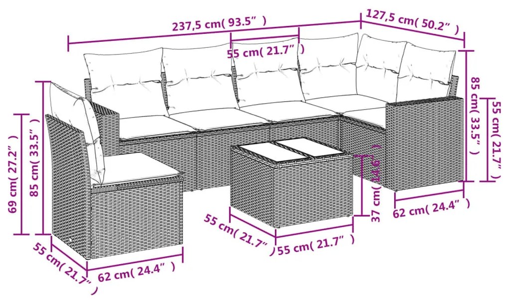 7 részes barna polyrattan kerti ülőgarnitúra párnákkal