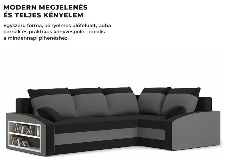 Grande sarokkanapé polcokkal , polc a bal karfaban, jobboldali, szövet anyag, bonell töltet, fekete - szürke